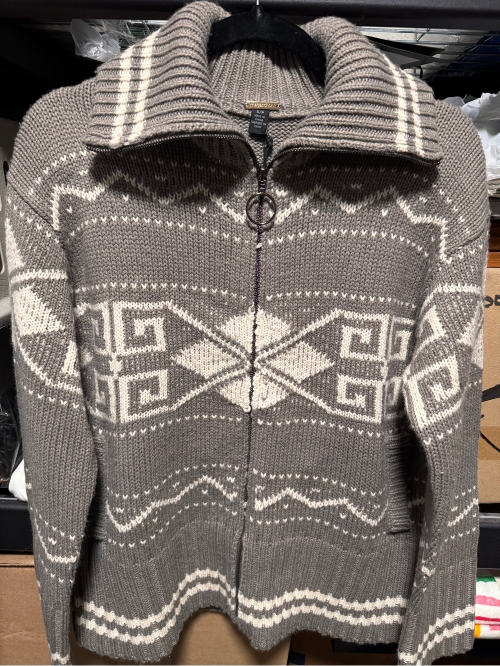 Women’s Magaschoni Zip-Front Fair Isle Sweater Jacket - Taupe/Cream